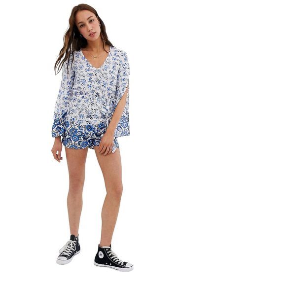 ASOS Parisian Long Sleeve Romper Size 6 Petite Floral Border Print Blue 6P - Picture 12 of 12